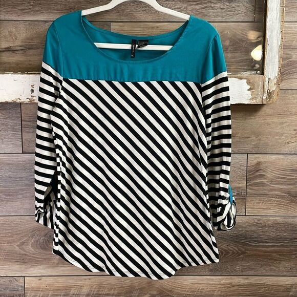 New Direction Ladies Blouse, Size Large, Teal W/ Diagonal Black & White Stripes - Picture 1 of 5
